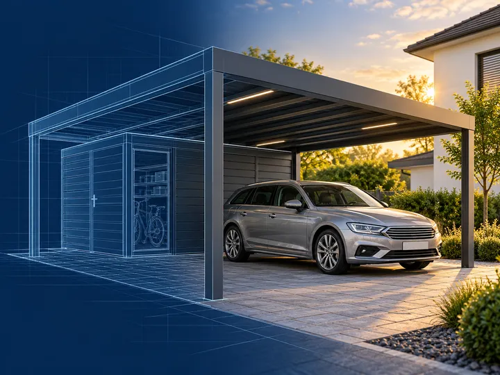 Carport aus Aluminium mit Geräteraum und Auto in der Einfahrt