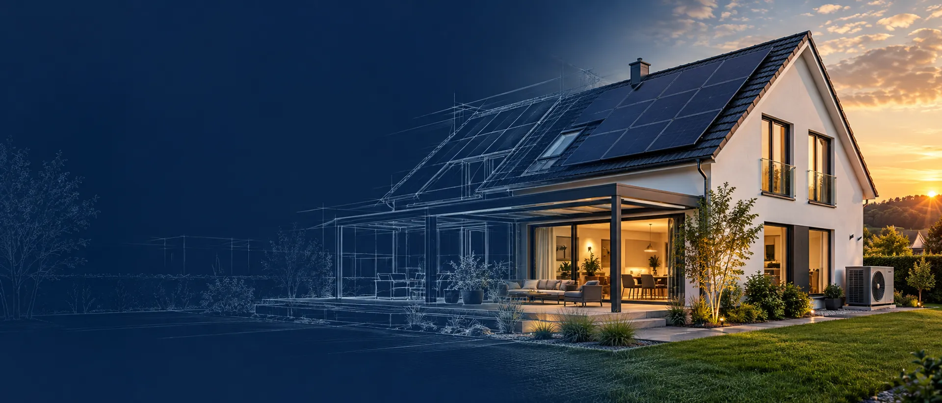 Modernes Einfamilienhaus mit Photovoltaik, Wärmepumpe und Terrassendach in der Abendsonne