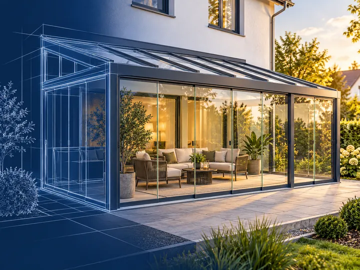 Kaltwintergarten mit Glasschiebewänden an einer Terrasse