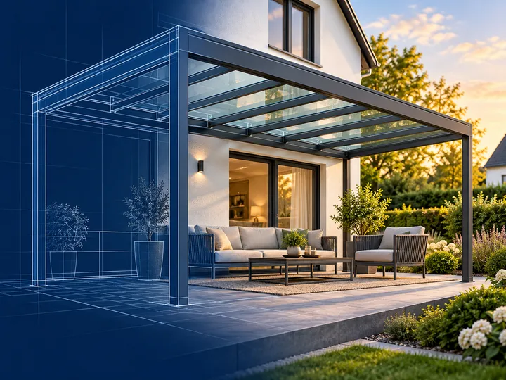 Terrassendach aus Aluminium mit Glasdach an einem Einfamilienhaus